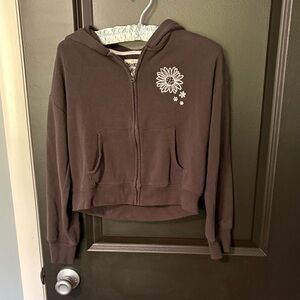 Oshkosh size 12 charcoal gray white embroidered flower cropped full zip hoodie